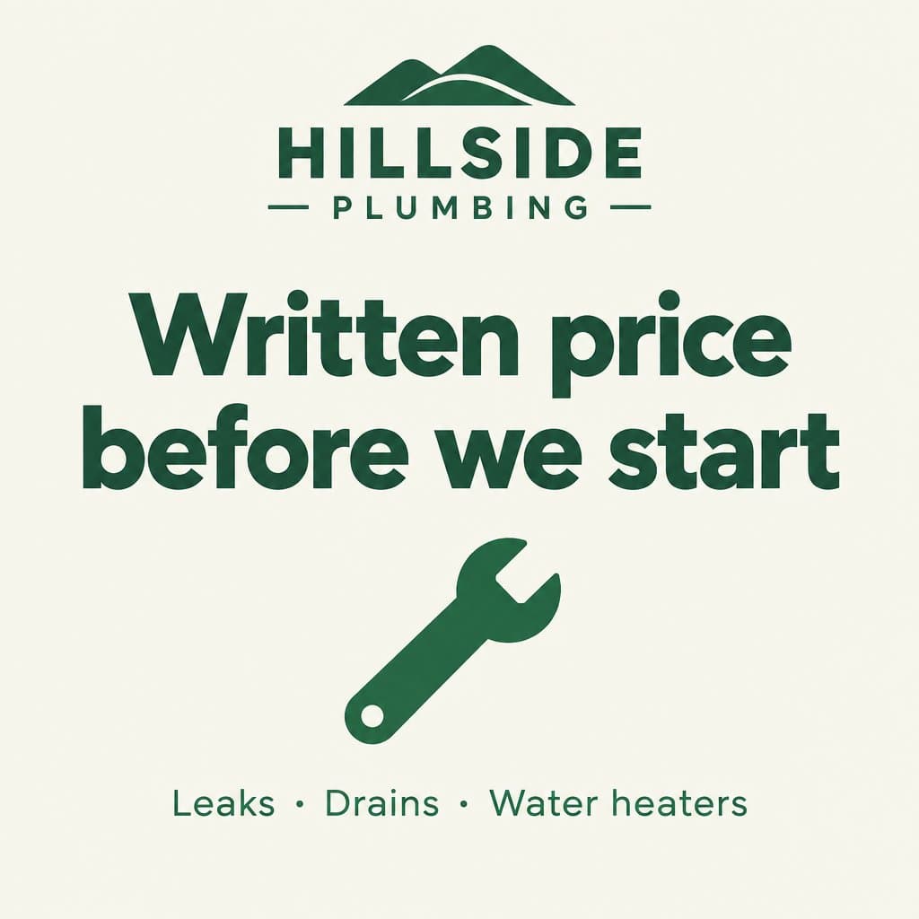 Square feed graphic: Hillside Plumbing, written price before we start, wrench icon
